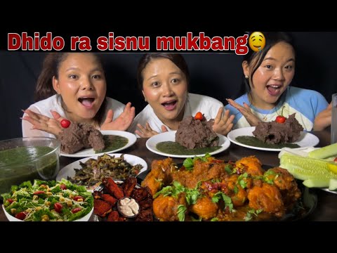 First Time Trying Dhido Sisnu ra Chicken  curry😋 ||Nepali Food Mukbang