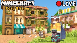 Minecraft Cozy Survival Stream  Building and Decorating Shops in Our Cat City!