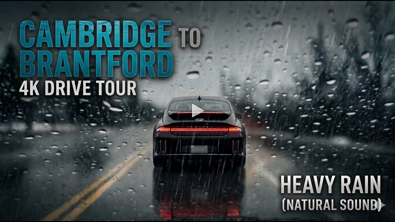 Cambridge to Brantford highway 4K drive tour, Heavy Rain, Natural Sound