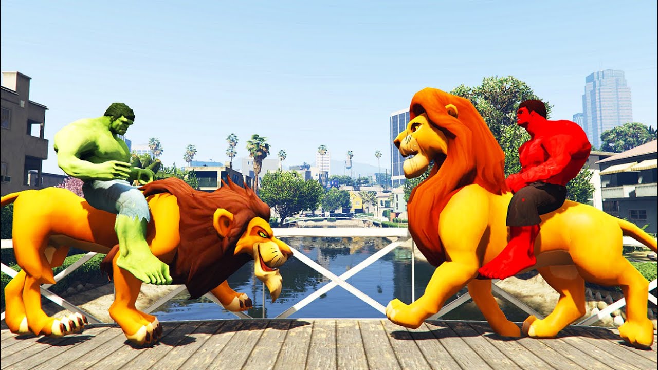 GTA 5 Crazy Ragdolls Green Hulk & Red Hulk vs Lion King Animals Jump ...