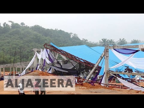 At least 60 people killed after church roof collapses in city of Uyo, with local reports citing much higher death toll.