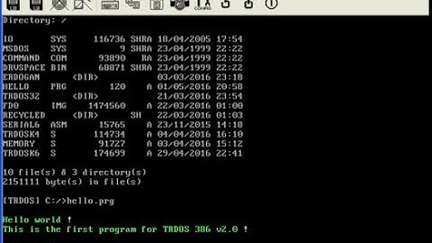 TRDOS 386 - HELLO program (the 1st program) demo