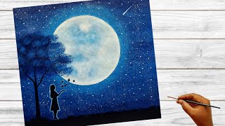 Full Moon Painting | Moonlight Painting | Girl With Butterfly in Moonlight | Acrylic painting
