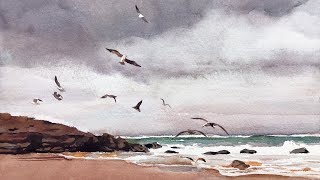 Relaxing Watercolor Painting - Beach with Seagulls