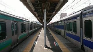 快速上り、E231系(通勤型)15連、到着。快速下り、E531系10連、出発。バイノーラル録音+αMk4