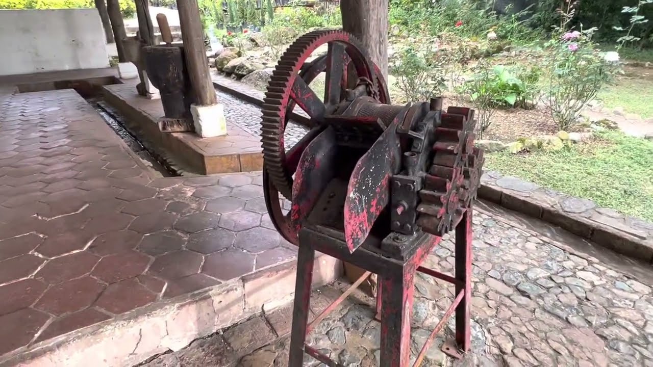 Sugar Cane Squeezing Mill Wheel Juicer in Cali Colombia At Hacienda Paradiso