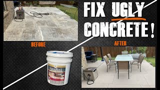 Give Your Ugly Concrete Patio a Makeover using SpreadRock by Daich and an air hopper!!  It's easy!