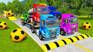 Double Flatbed Trailer Truck vs Speedbumps Train vs Cars | Tractor vs Train Beamng.Drive 0623