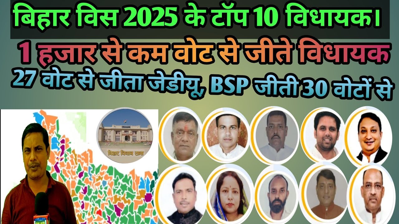 BIHAR विधानसभा 2025। TOP 10 MLA JDU बनाया रिकॉर्ड,  BSP बनी 2nd। 1K से कम मार्जिन से जितने वाले MLA 