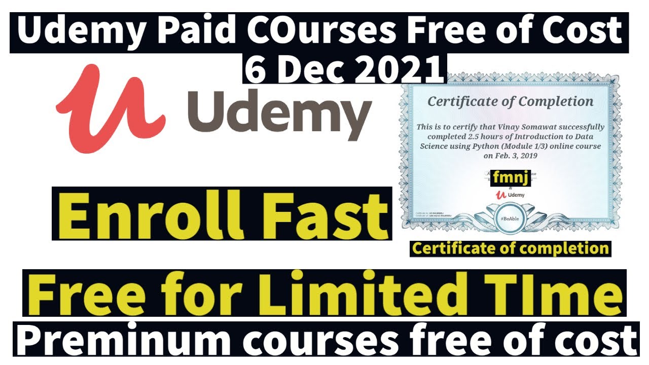 6 Dec Udemy Coupon Code 2021 Udemy Free Online Courses With Certificate Premium Courses Free Youtube