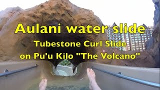 The tubestone curl waterslide is an unique, open-air, twisting and
turning tube adventure that eventually launches you into aulani's
waikolohe stream!