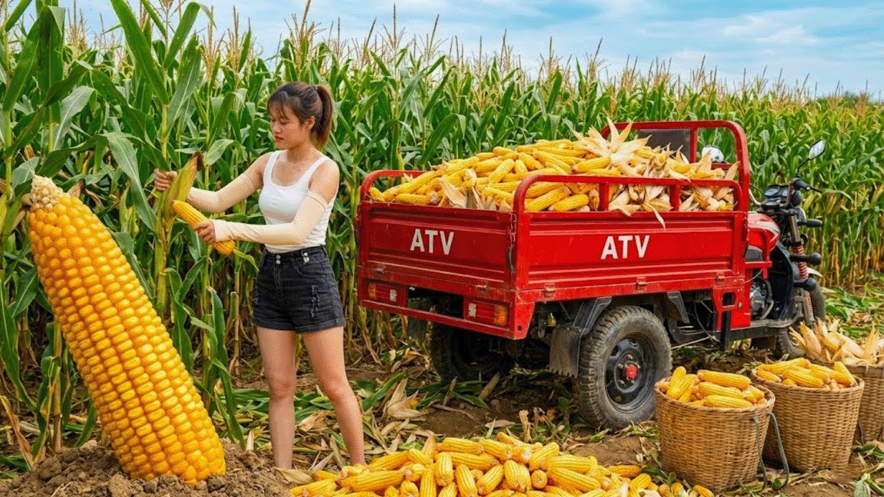 Using a Four Wheel Vehicle to Harvest 1,000+ Corn Plants in the Garden for Livestock Feed