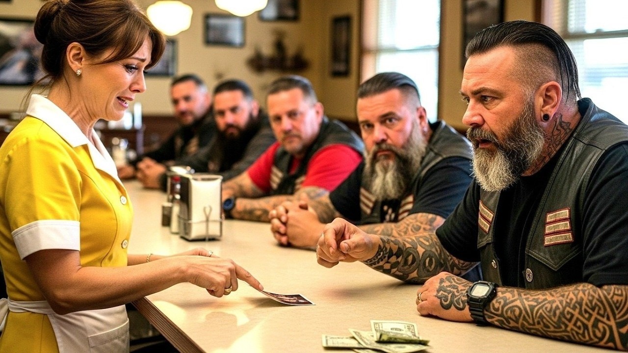 Kellnerin steckt Biker heimlich ein Foto  Wechselgeld bis zum Abend posiert sein ganzer Club damit.