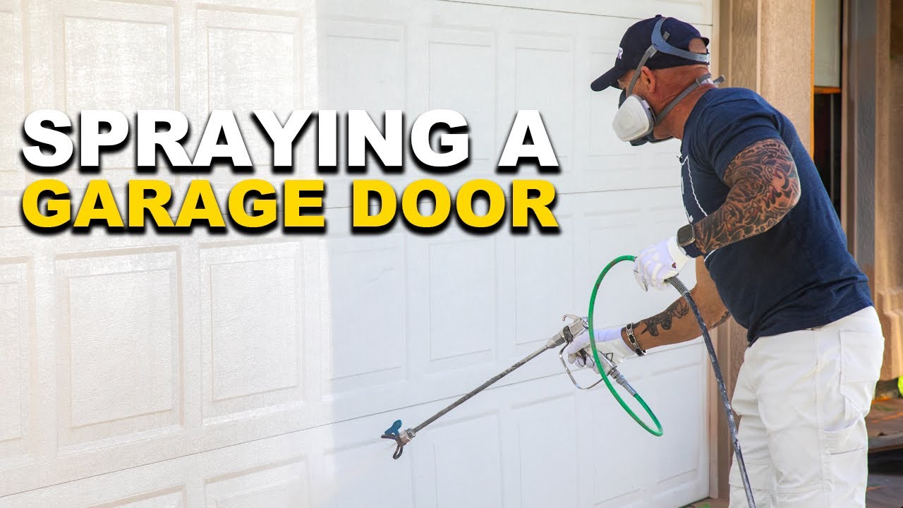 Spraying a garage door with a sprayer | Painting a metal overhead door