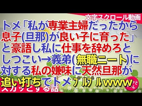 スカッとする話 トメ「私が専業主婦だったから息子(旦那)が良い子に育った」と豪語し私に仕事を辞めろとしつこい→私が義弟(無職ニート)に対する嫌味に天然旦那が追い打ちでトメぷるぷるwww スカッとちゃん