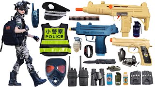 Unboxing special police weapon toy set, AK47, M416 rifle, submachine gun, bomb dagger, gas mask