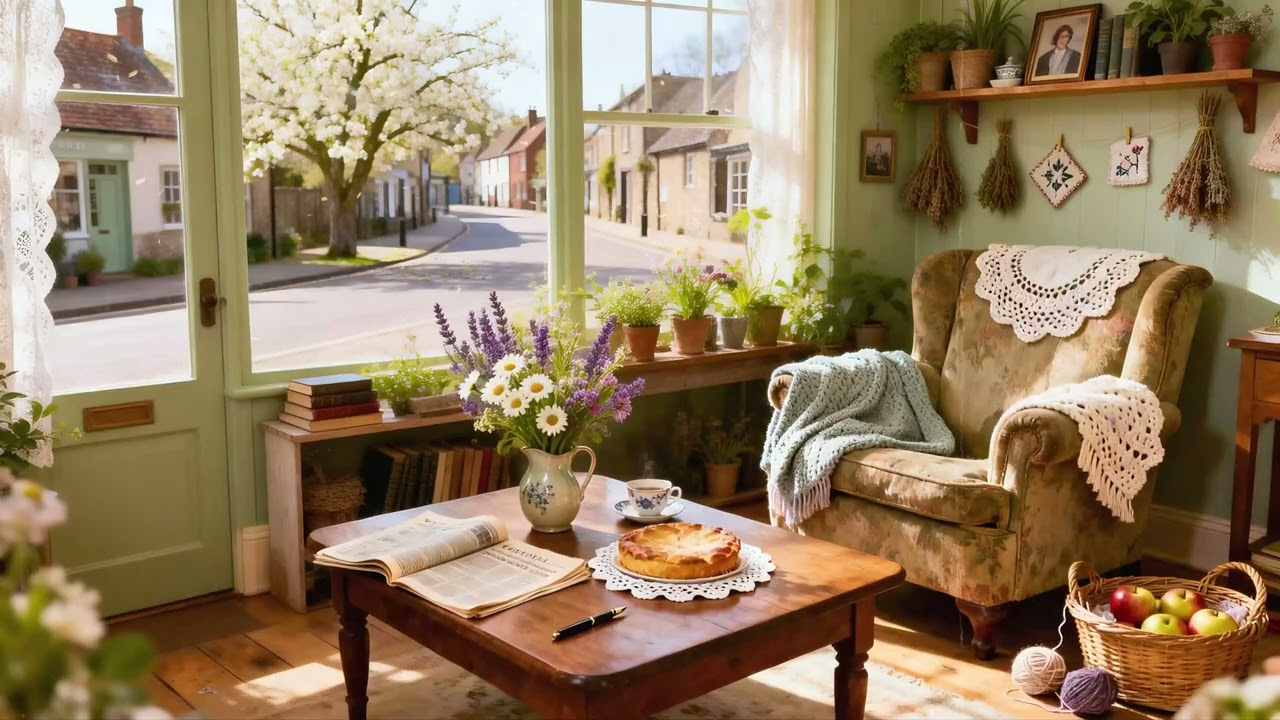 slow living in a sunny cottage with tea, books, and blooming flowers