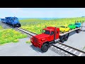 Small Cars Transportation Double Flatbed Truck Car Rescue Rails Trains - Car vs Speed Bumps - BeamNG