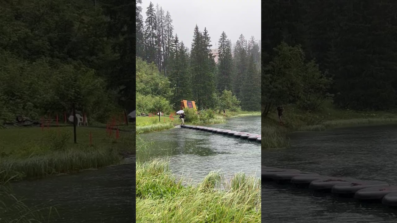 Person runs across a tricky obstacle course in the rain!
