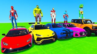 SPIDERMAN CARS Mega CITY Ramp Challenge ! SUPERHERO HULK GOKU JEEP Monster Trucks Stunts - GTA V Mod