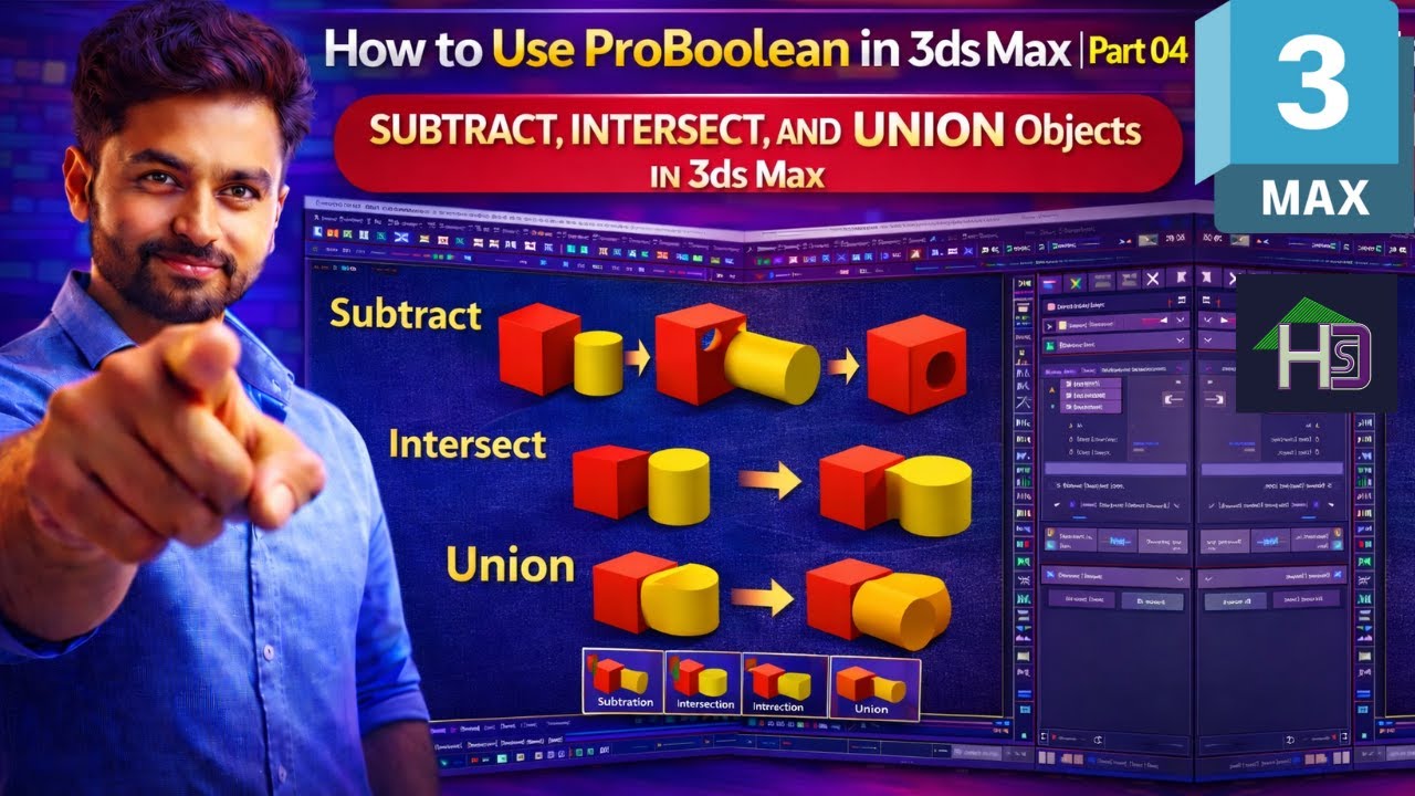 How to Use ProBoolean in 3ds Max | Part 04 | Subtract, Intersect, and ...