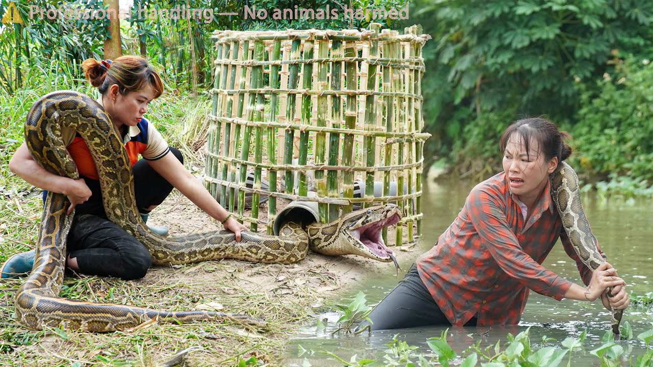 Harvest 1000+ Gac fruit :Giant python creeps up behind - Huge bamboo trap set for a giant python