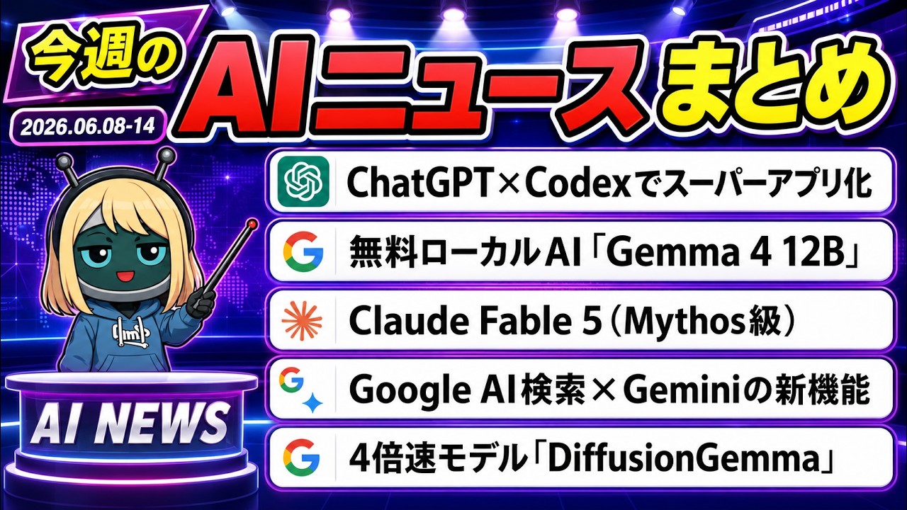 【6月第2週まとめ】Claude Fable5登場(Mythos級)/ChatGPT×Codex統合/Google検索がAI質問型に進化/AI翻訳も革命的だった週