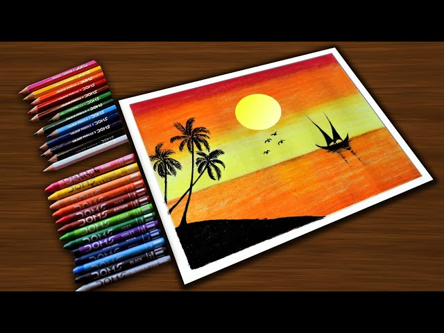 Moonlight and Sunset, Simple Painting Technique For Beginners, With Wax  Crayons