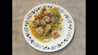 Shrimp and Scallops over Pasta with a garlic, buttery, wine sauce - Cooking with Debbie Quick