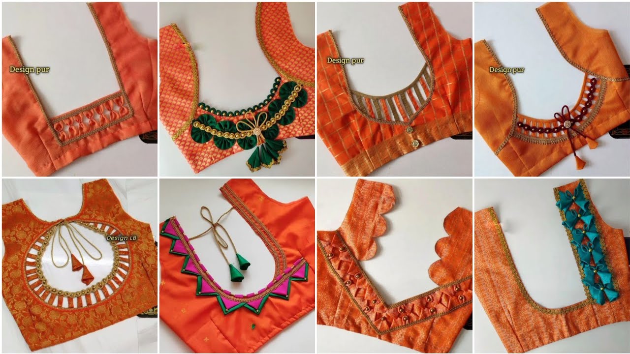 🔥latest orange colour blouse back patchwork designtrendy orange colour