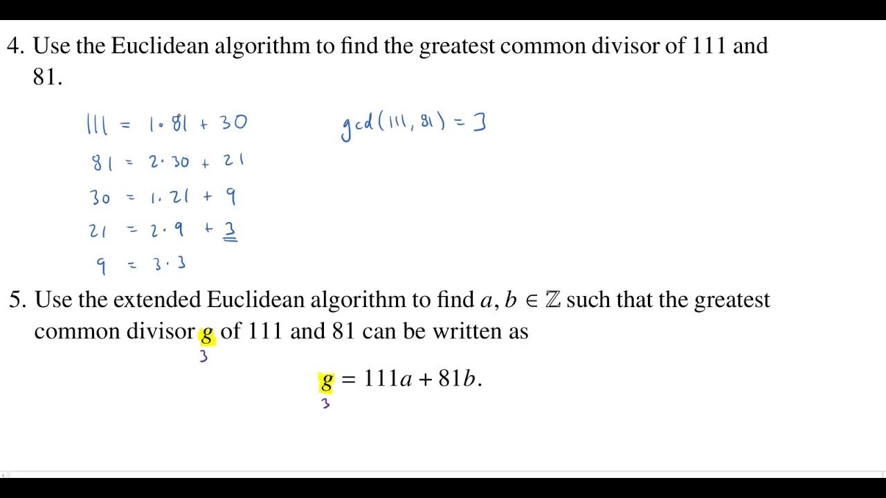 Applying the Extended Euclidean Algorithm, Superquiz 2 Problem 5 - YouTube