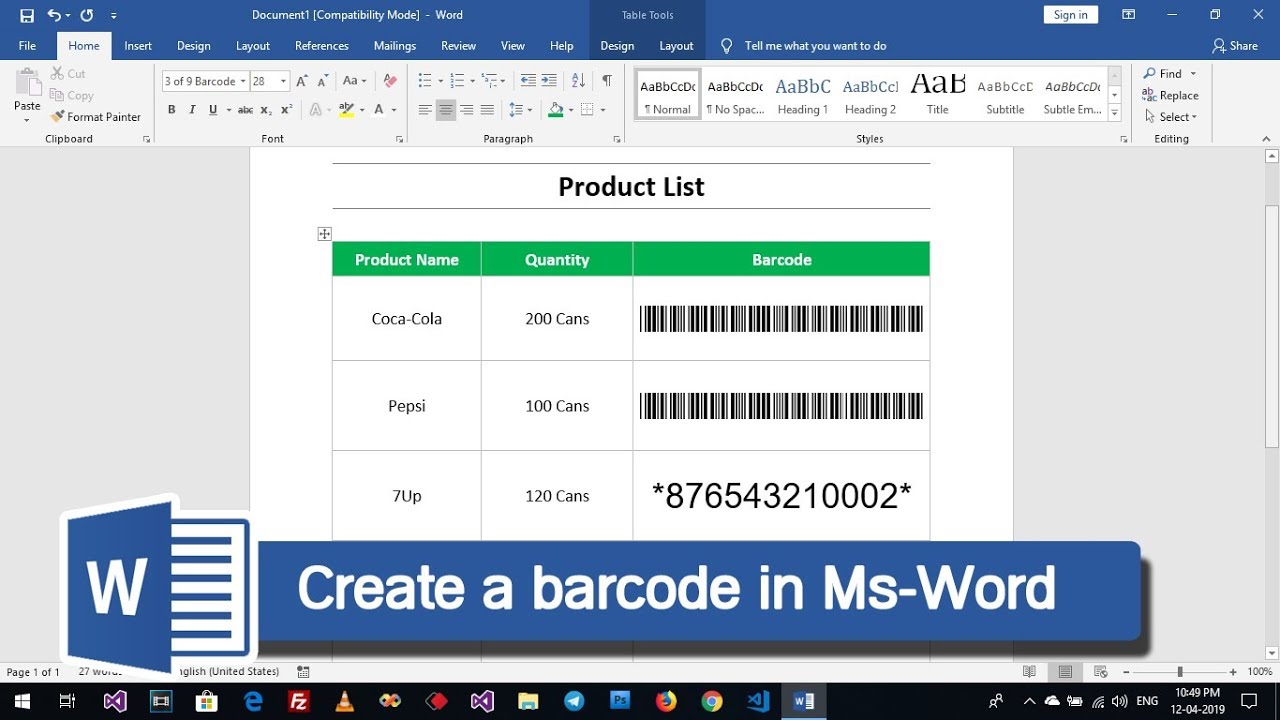 free barcode generator for word 2016