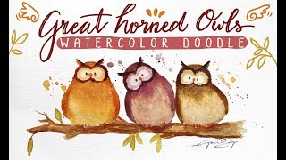 Cute Great Horned Owls in watercolor