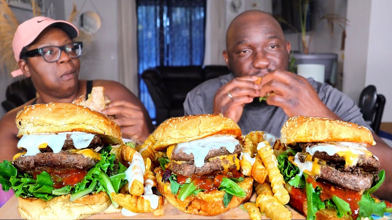 DOUBLE CHEESE BBQ RANCH BURGERS| MUKBANG EATING SHOW!!