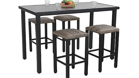 Sophia & William Patio 5 Pieces Bar Set with 4 Rattan Bar stools and 1 Metal Bar Table - Overview