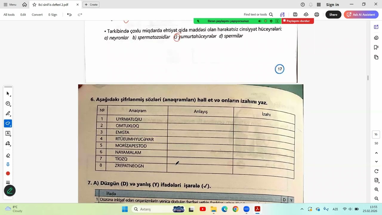 8ci sinif BİOLOGİYA is defteri 2ci hisse 6.2 heyvanlarda cinsi coxalma seh 16-18