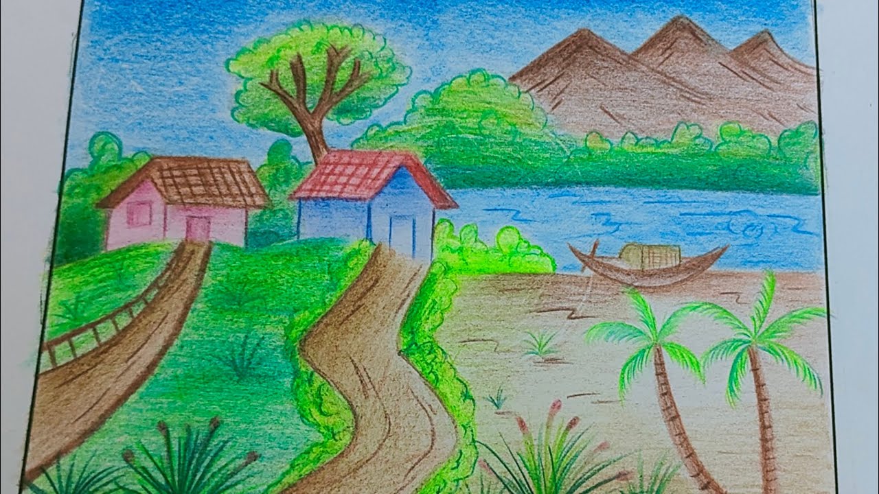 Beautiful village nature drawing 🏞️ #greenary #viralvideo #beautiful # ...