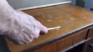SEWING CABINET & TABLE SERIES #8: Part 2: Shellac Equalizes Porous Areas Walnut Pre Restore-A-Finish