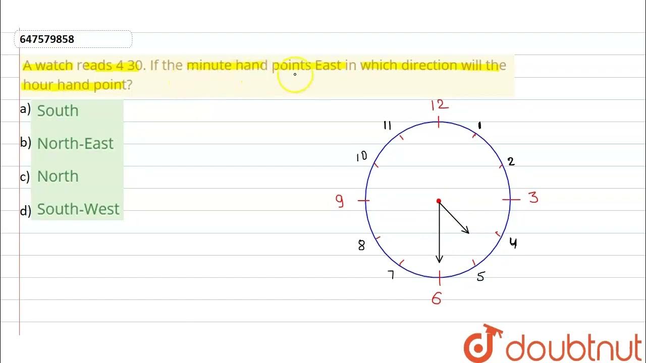 A watch reads 4 30. If the minute hand points East in which direction