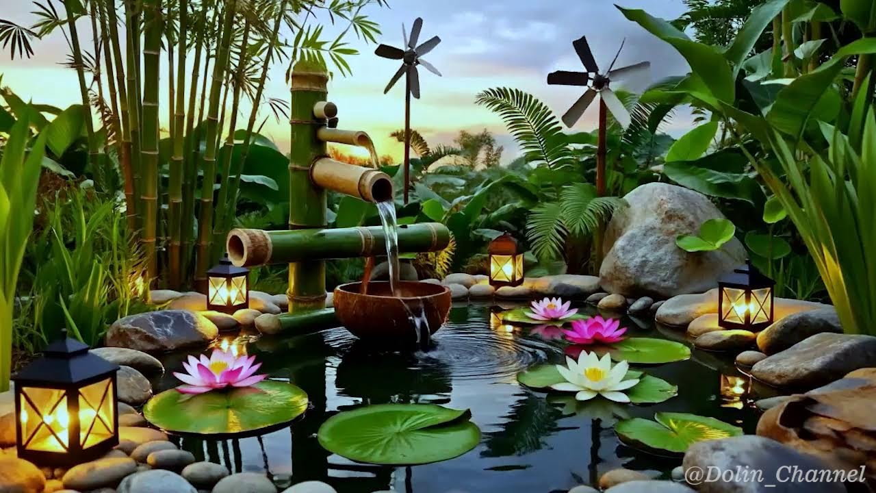 Dreamy Bamboo Fountain Pond 🌿 10+ Hours Gentle Water Sounds & Peaceful Evening Ambience