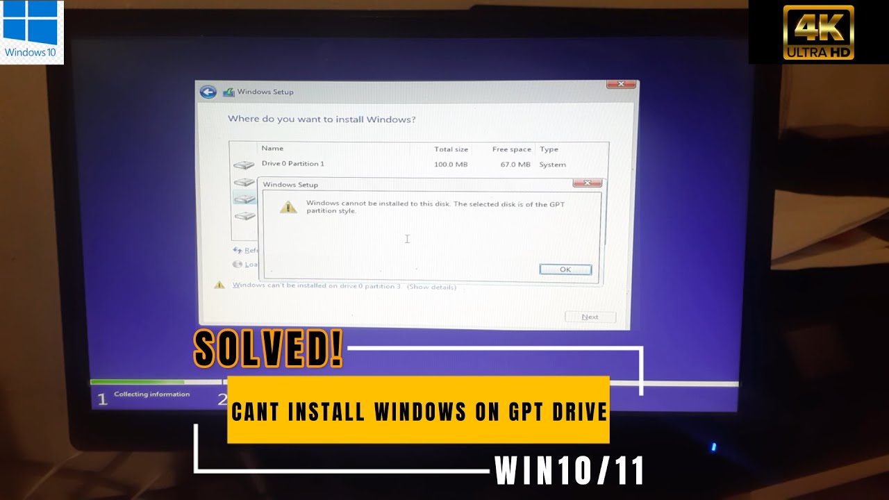 CAN NOT INSTALL WINDOWS ON A GPT DRIVE || SOLVED! - YouTube