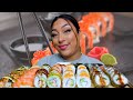 HUGE SUSHI MUKBANG BIG BITES | ABURI AND RAW SALMON | CRUNCHY ROLL | RAINBOW ROLL | w/ @Bae & Bella