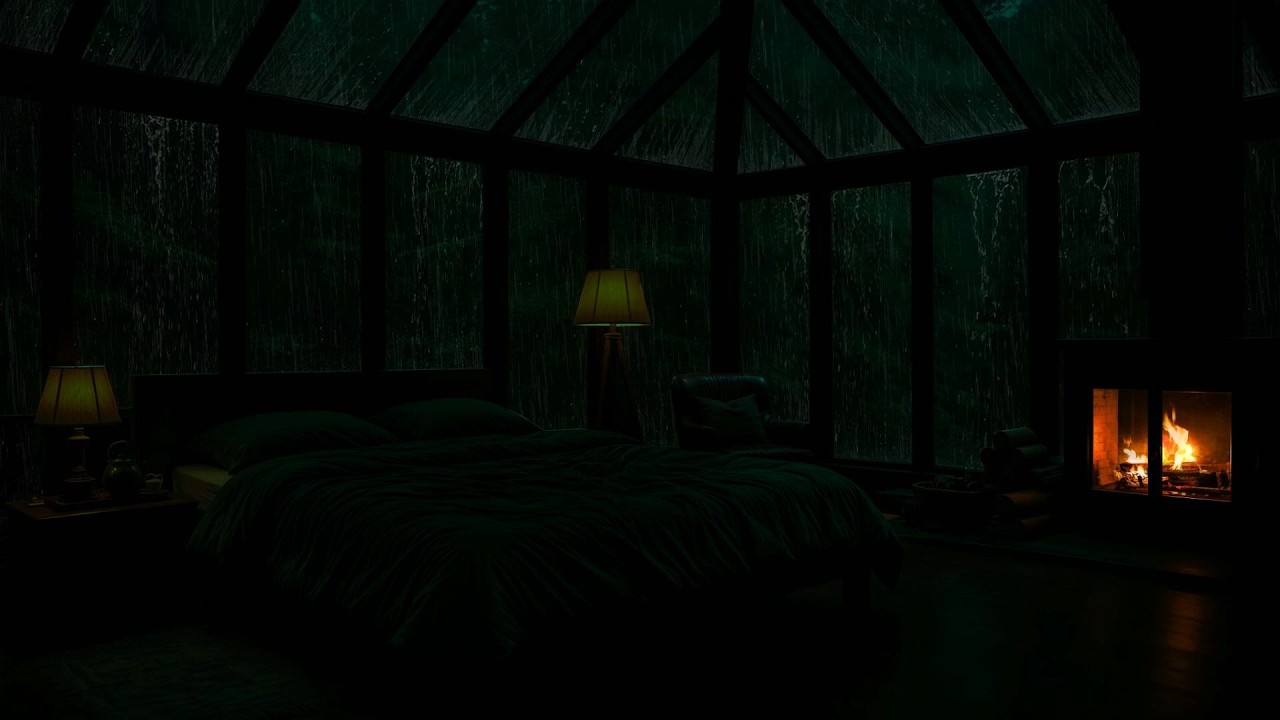 [NO ADS] FALL ASLEEP FAST 🌧️ Glass Cabin Rain & Fireplace | Relaxing White Noise for Sleeping