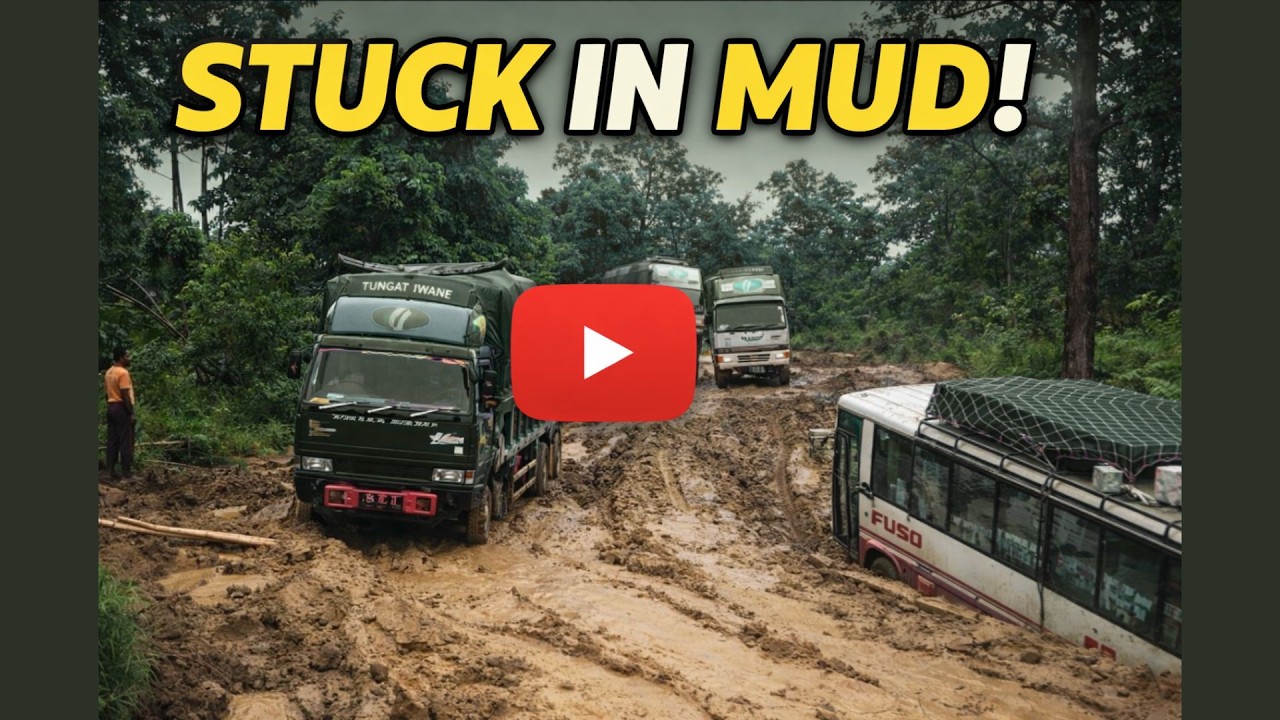 Trucks and Fuso Bus Stuck on Muddy Road | Dangerous Forest Offroad