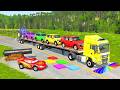 Triple Flatbed Trailer McQueen Transportation with Truck - Speedbumps vs Cars vs Train - BeamNG