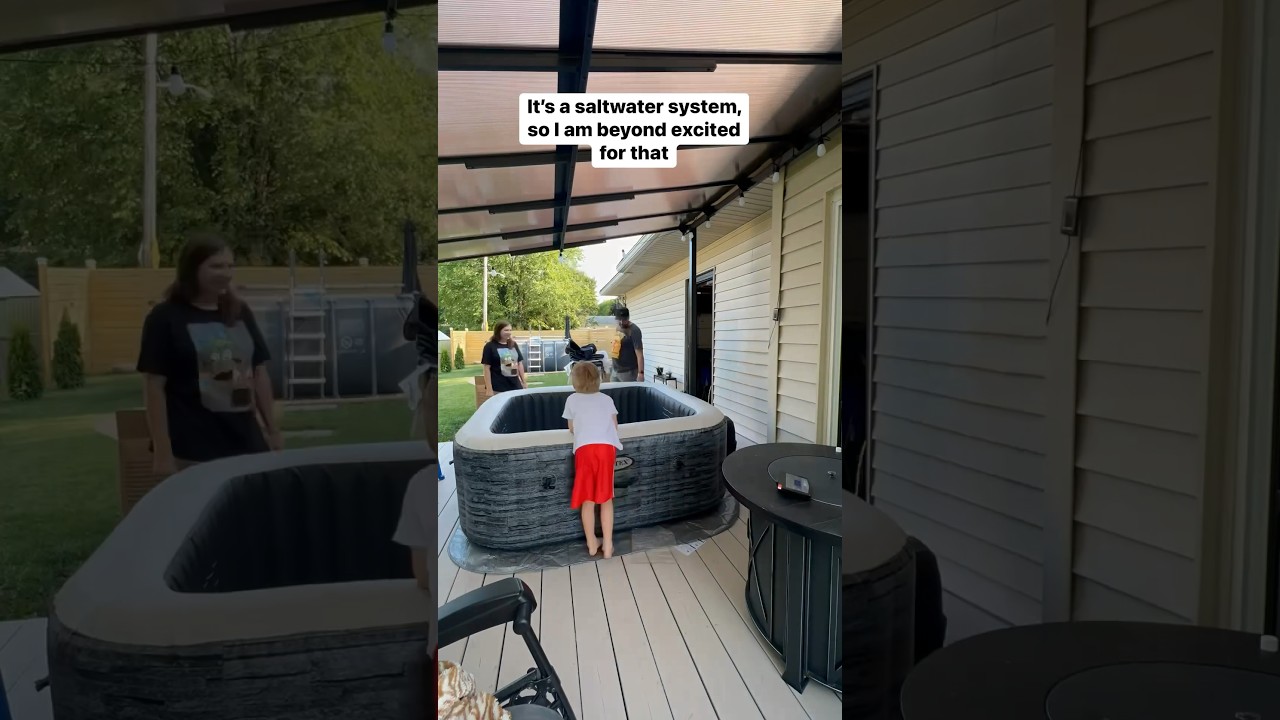 ⁣This hot tub is a mental health purchase ok😂#hottub #deck #patio #ideas #pool #backyard #inflatable