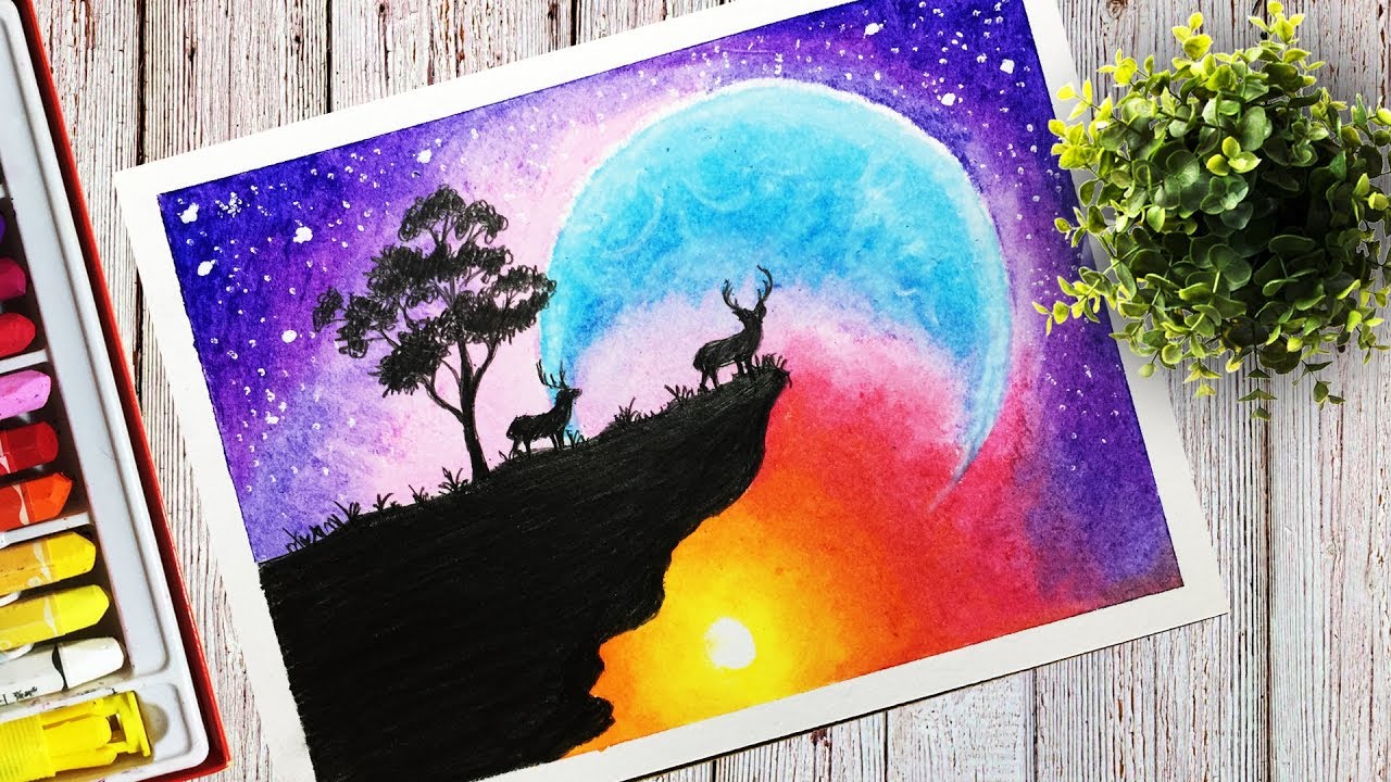 Drawing a Beautiful Colorful Sky Scenery With Oil Pastel for Step by Step