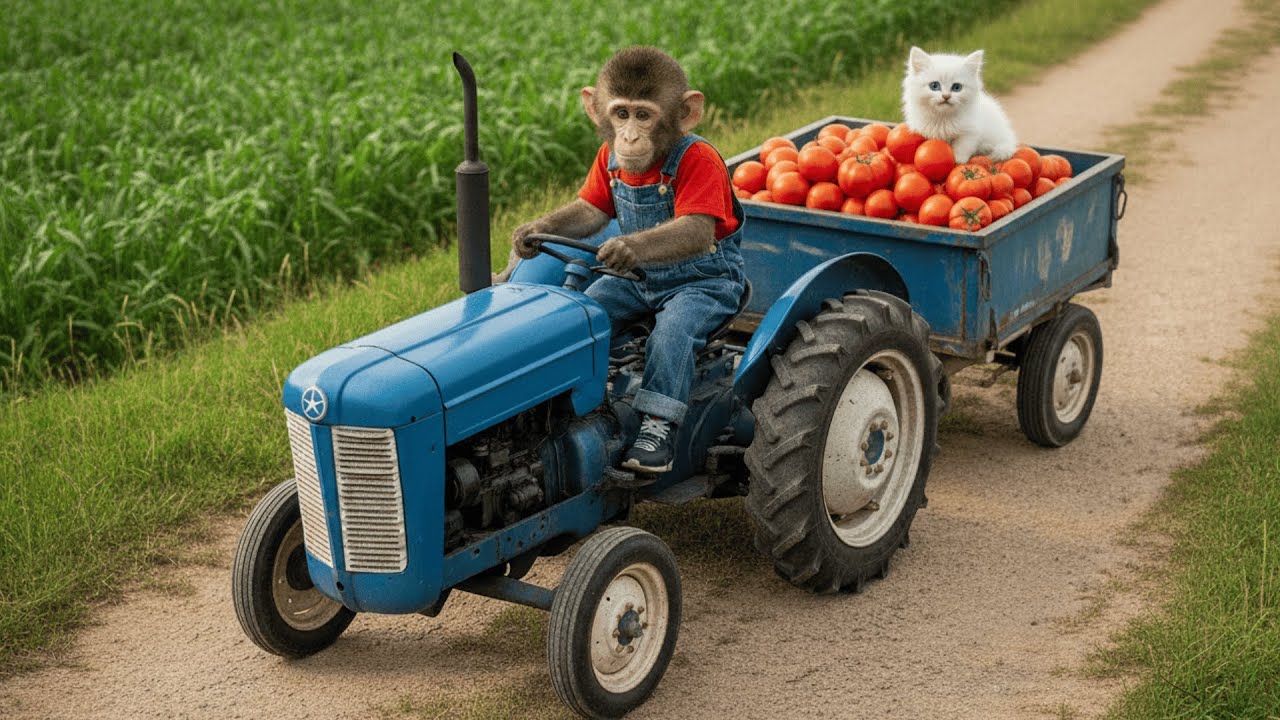Monkey Farmer Crashes a mini Tractor with Tomatoes, Kitten Brings Him Home and Cooks Porridge 🐒🐾🍲