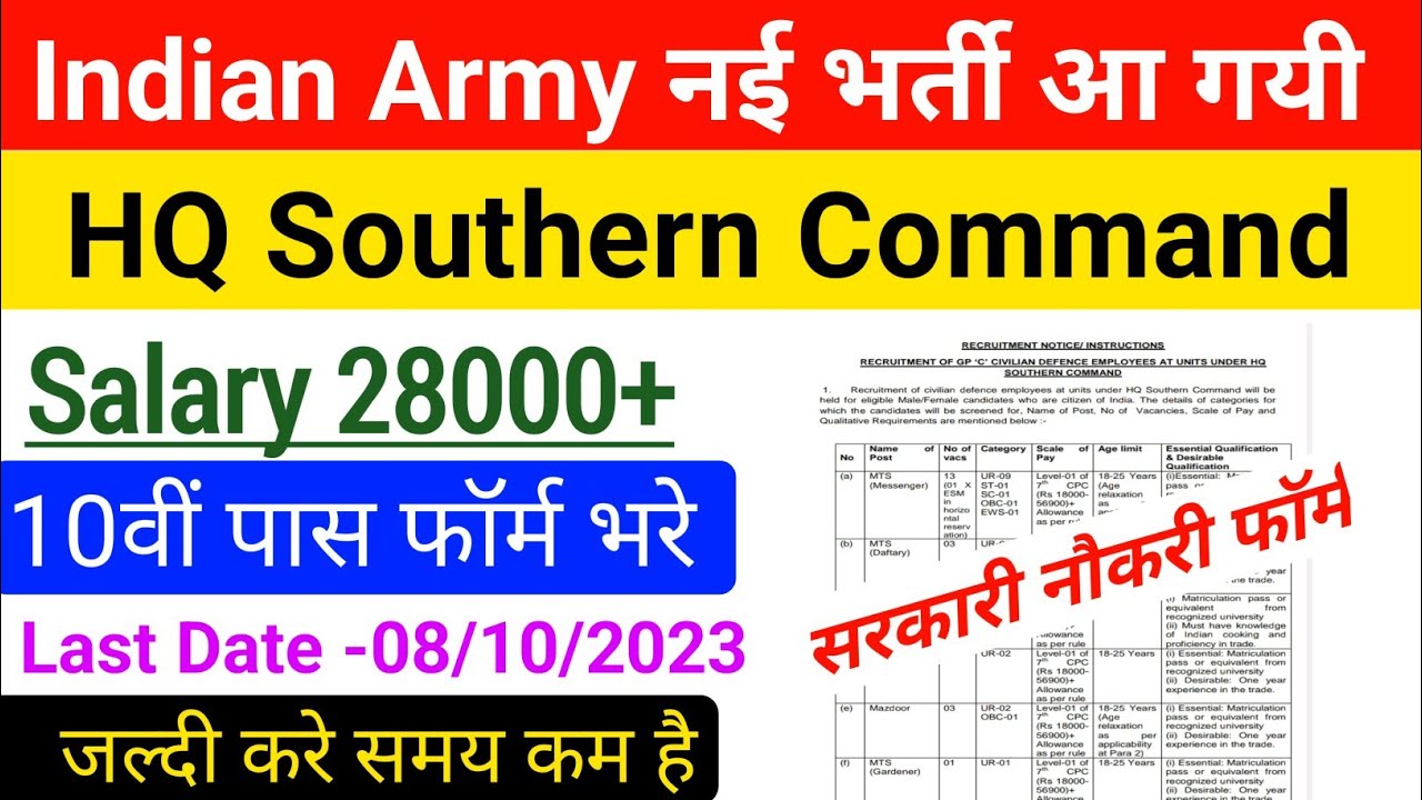 Indian Army HQ Southern Command New Recruitment 2023/ Online Apply// Salary (Income) Full Details