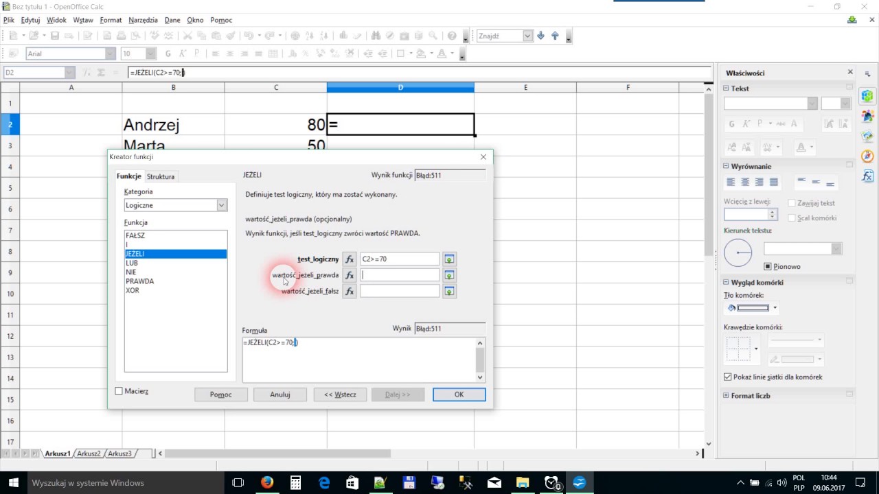 Jak używać formuły JEŻELI w OPEN OFFICE CALC - darmowy arkusz